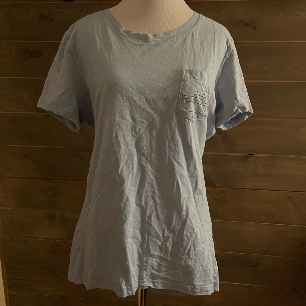 Mona B Soft, pastel blue t-shirt with Art Deco style saying, large